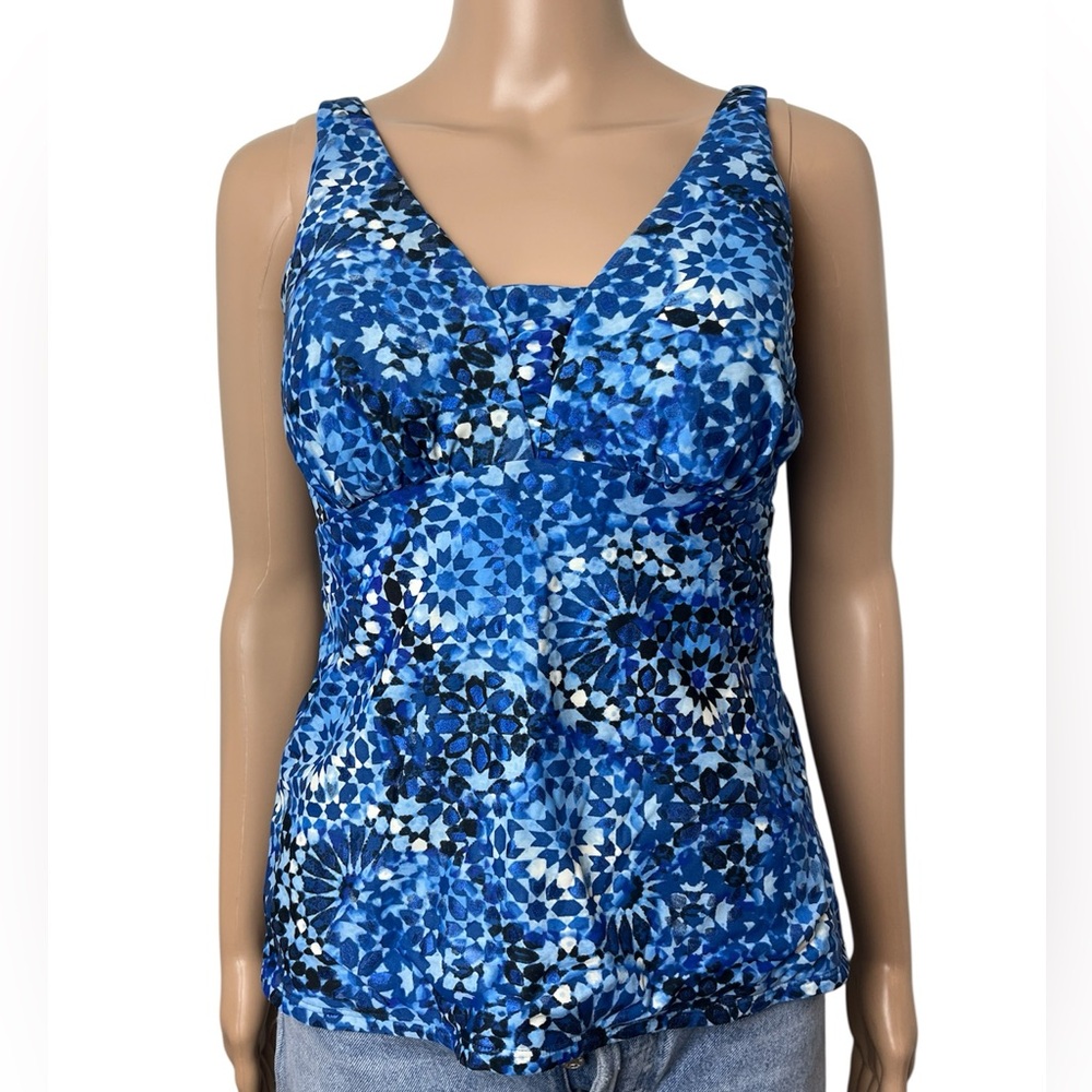 Miraclesuit Blue Mosaic Padded Shelf Bra Stretch Adjustable Tankini Top